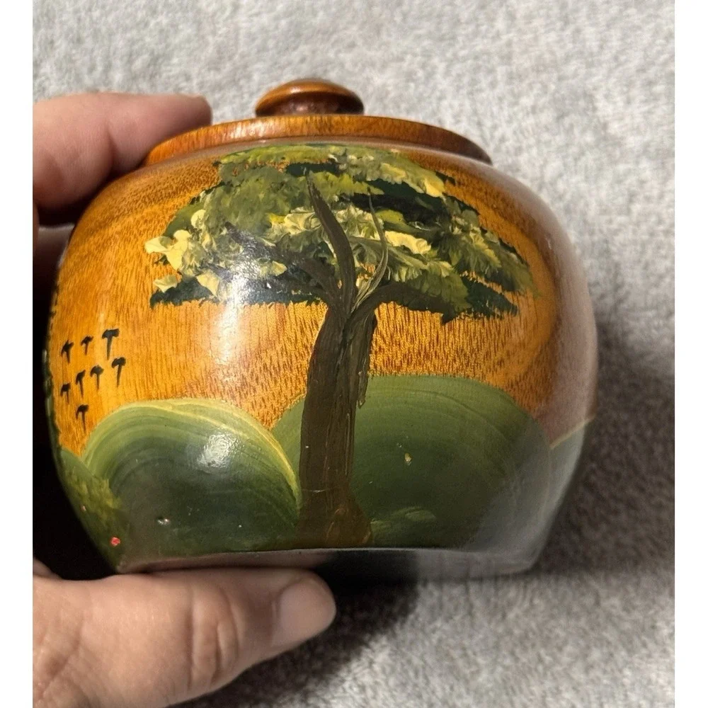 Hand Crafted & Painted Wooden Trinket Box, Spice Jar w/ Lid Folk‎ Art from HAITI